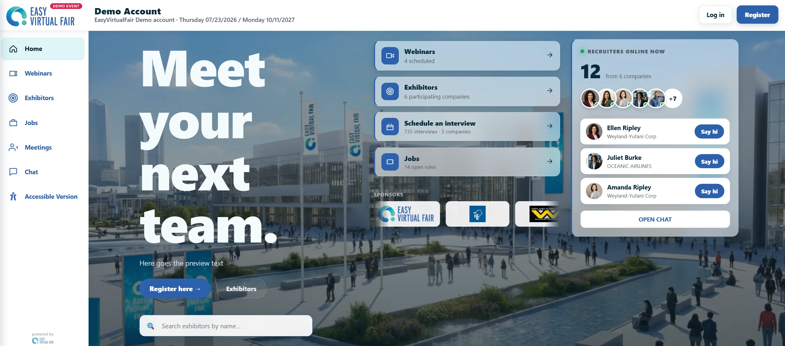 EasyVirtualFair demo home with exhibitors, jobs, webinars, interview scheduling and online recruiters