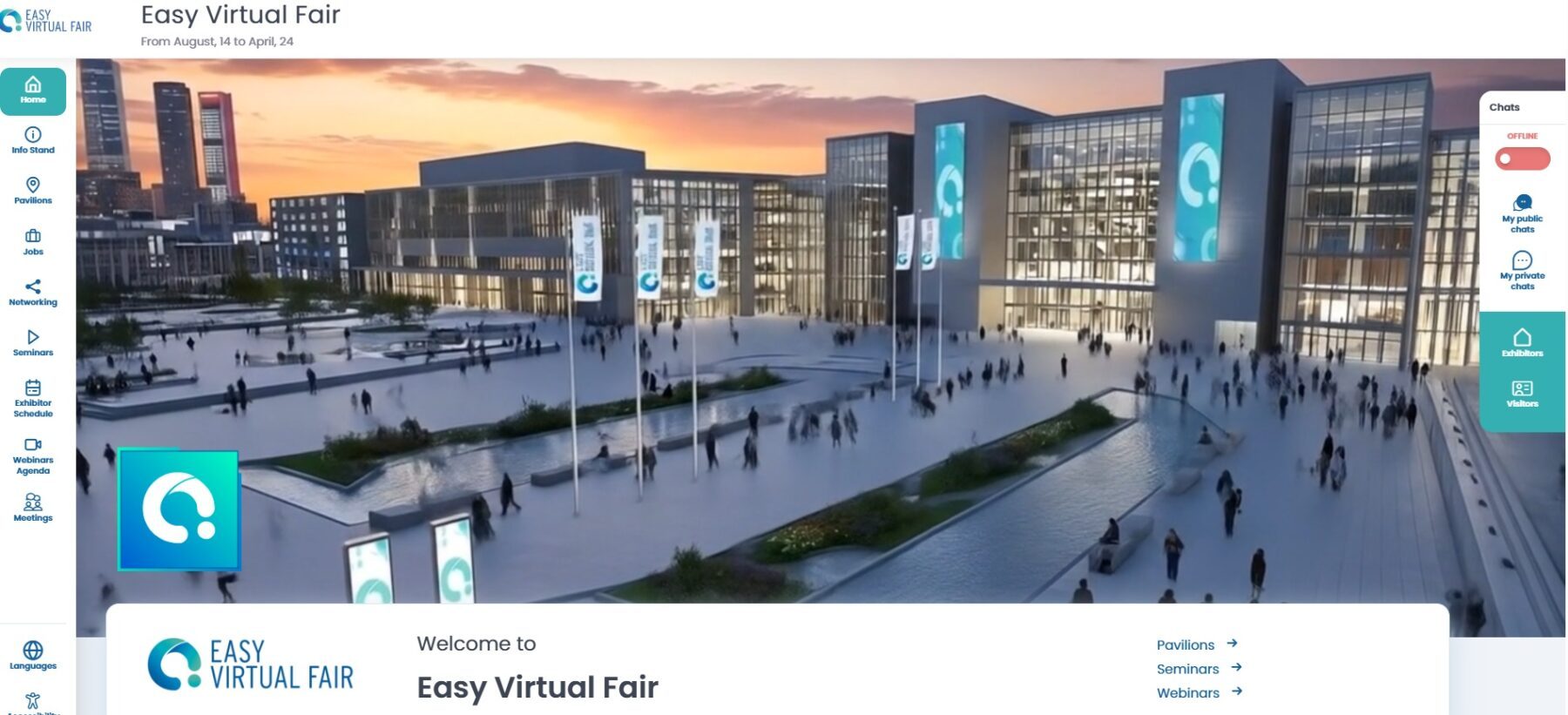 Branded virtual career fair lobby with event navigation, pavilions and live chat panel