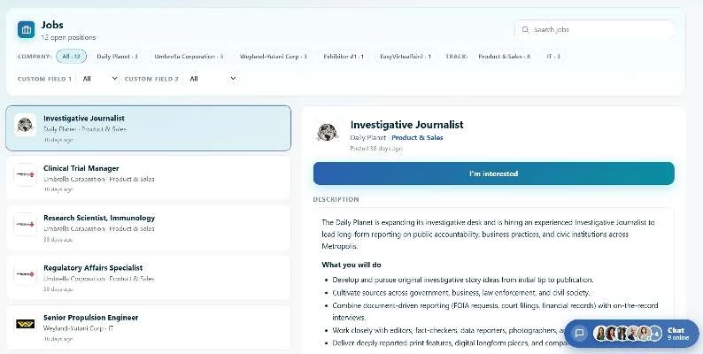 EasyVirtualFair employer job listings and opportunity details, with demo data