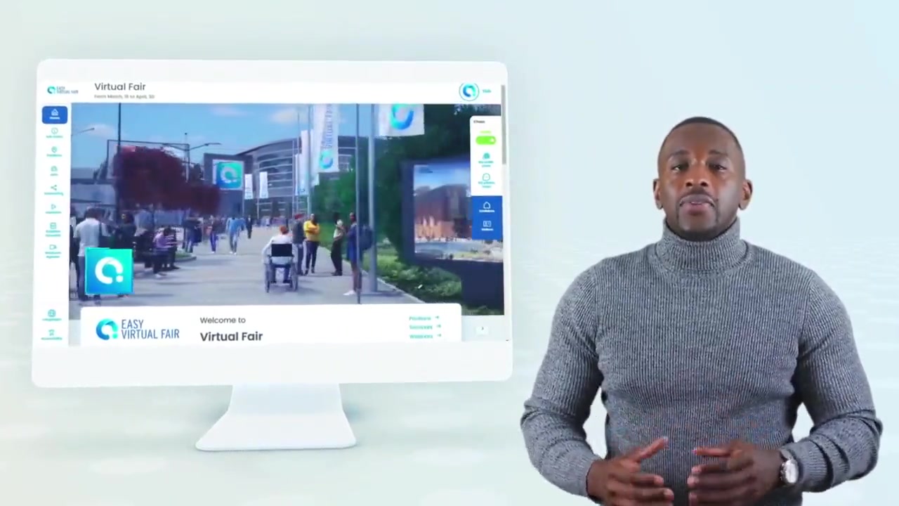 EasyVirtualFair platform demo — watch a 2-minute walkthrough of booths, video chat, webinar theater and analytics