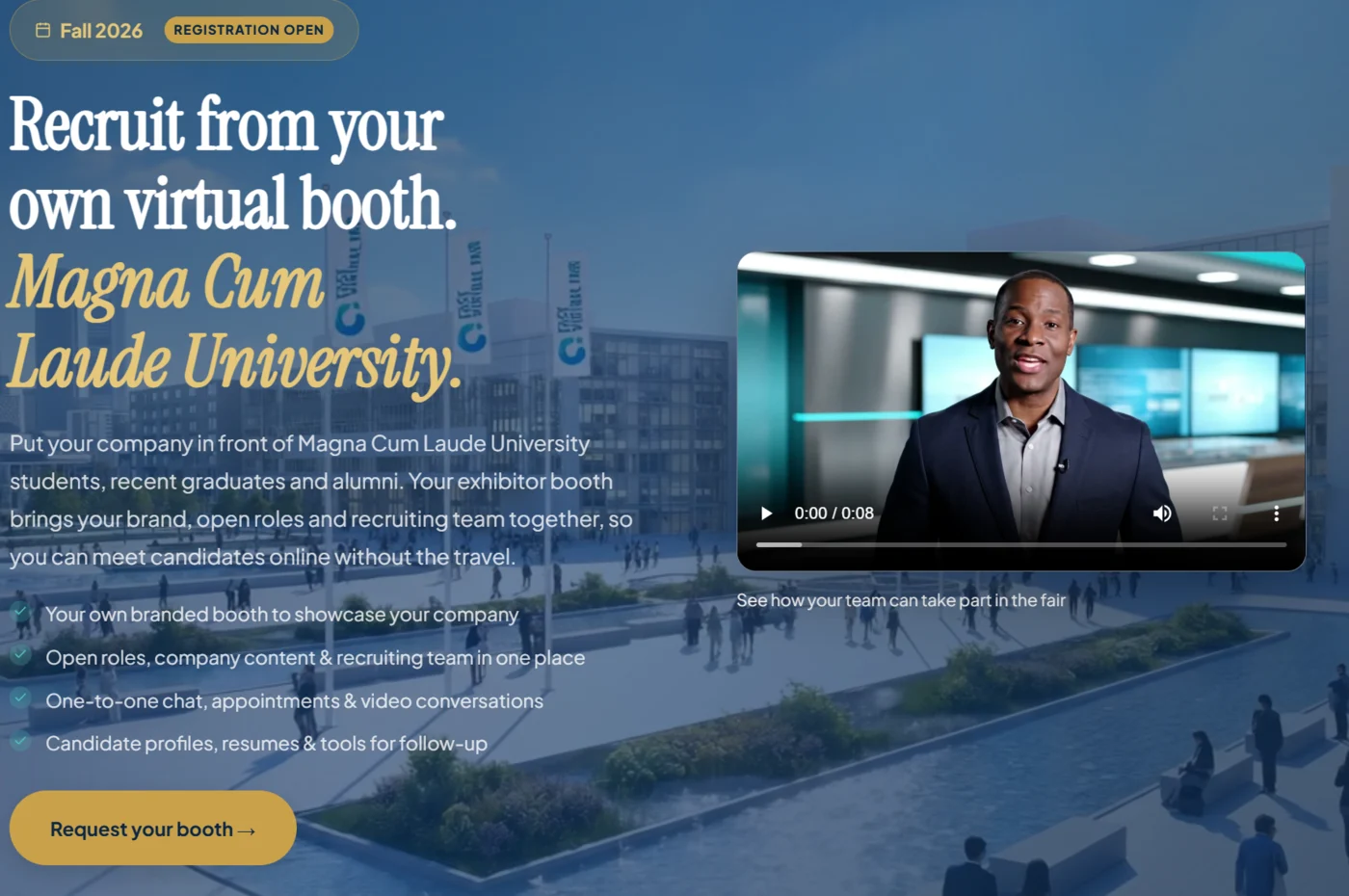 Example university employer sign-up page presenting virtual booth benefits and a Request your booth call to action
