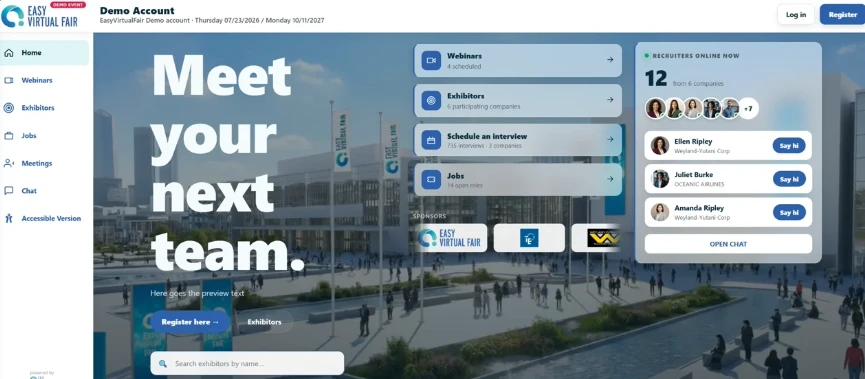 EasyVirtualFair demo homepage showing jobs, employers, webinars, interviews and available recruiters