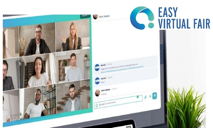 EasyVirtualFair presentation showing a multi-speaker webinar with participant chat