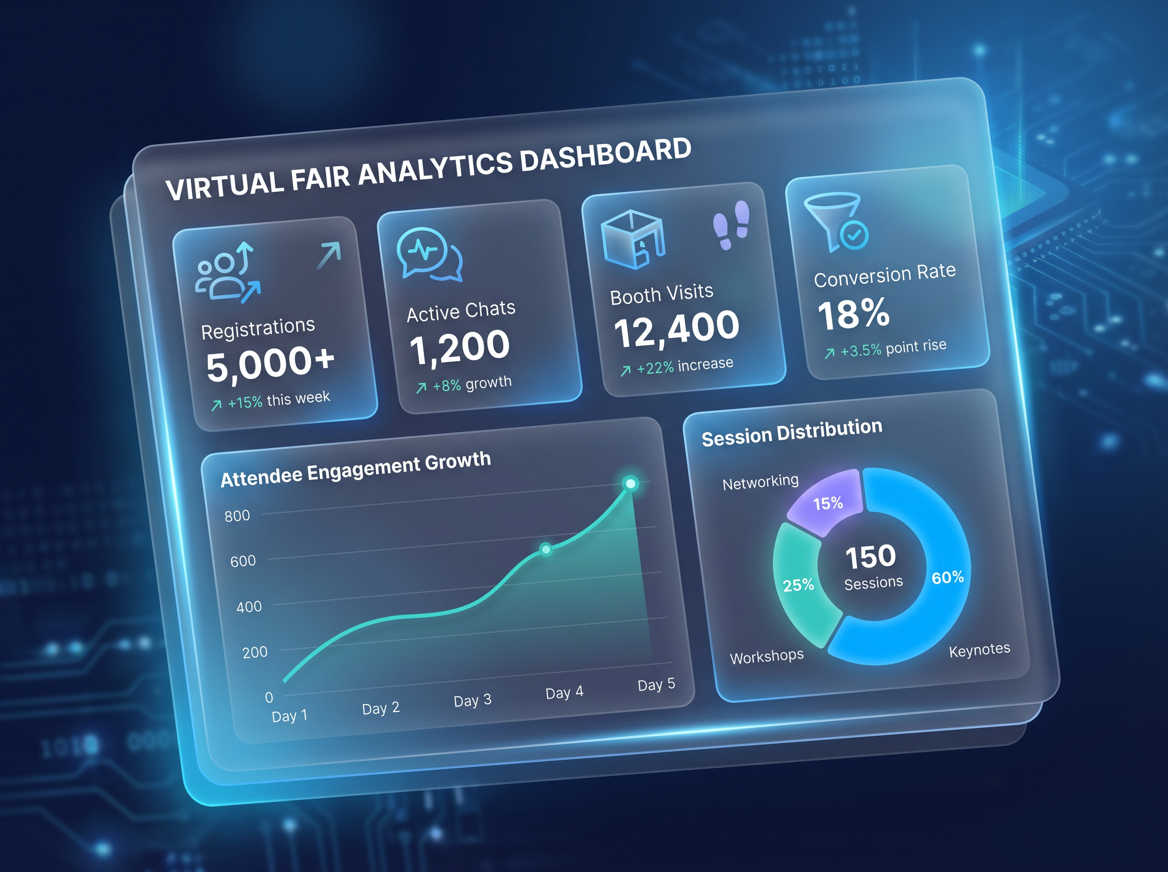 Virtual career fair analytics dashboard showing booth visits, resumes collected, and engagement trends